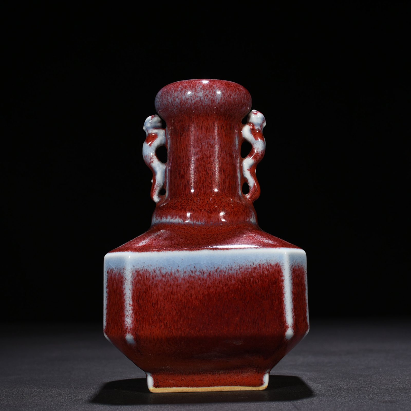 Qing Dynasty Qianlong Festival red glaze kiln-turned double-eared square vase
