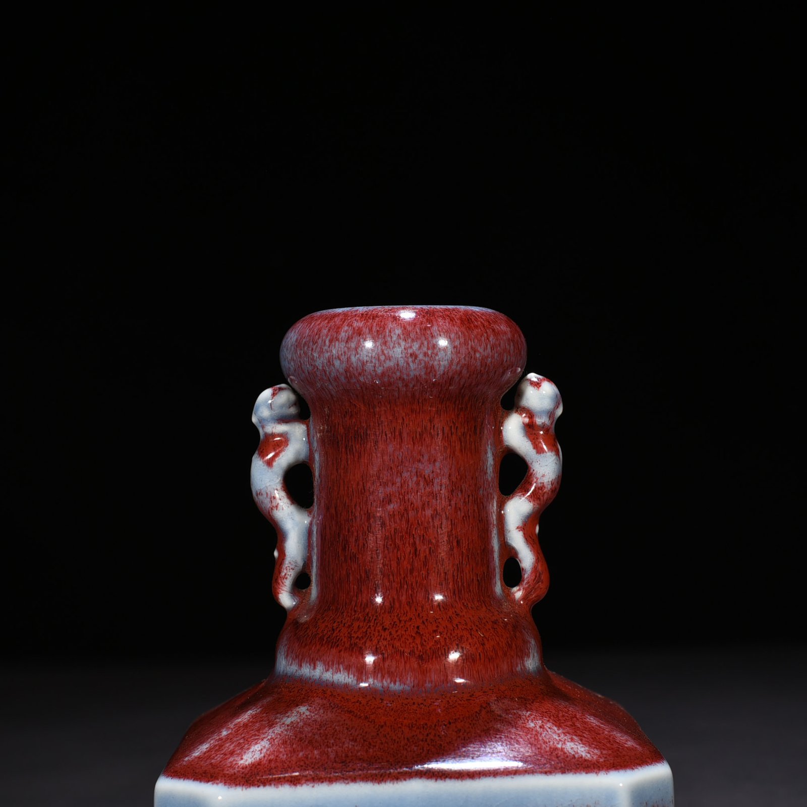 Qing Dynasty Qianlong Festival red glaze kiln-turned double-eared square vase