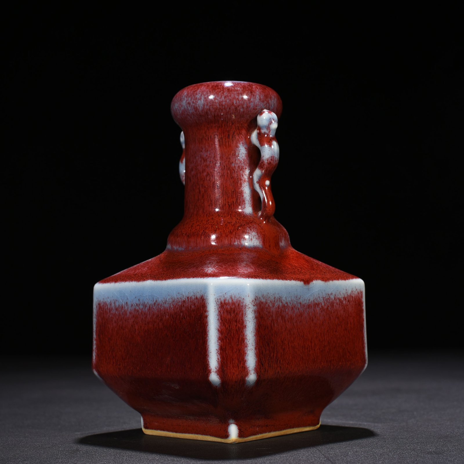 Qing Dynasty Qianlong Festival red glaze kiln-turned double-eared square vase