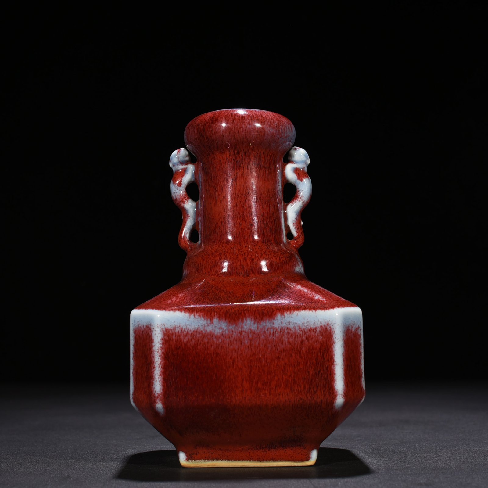Qing Dynasty Qianlong Festival red glaze kiln-turned double-eared square vase