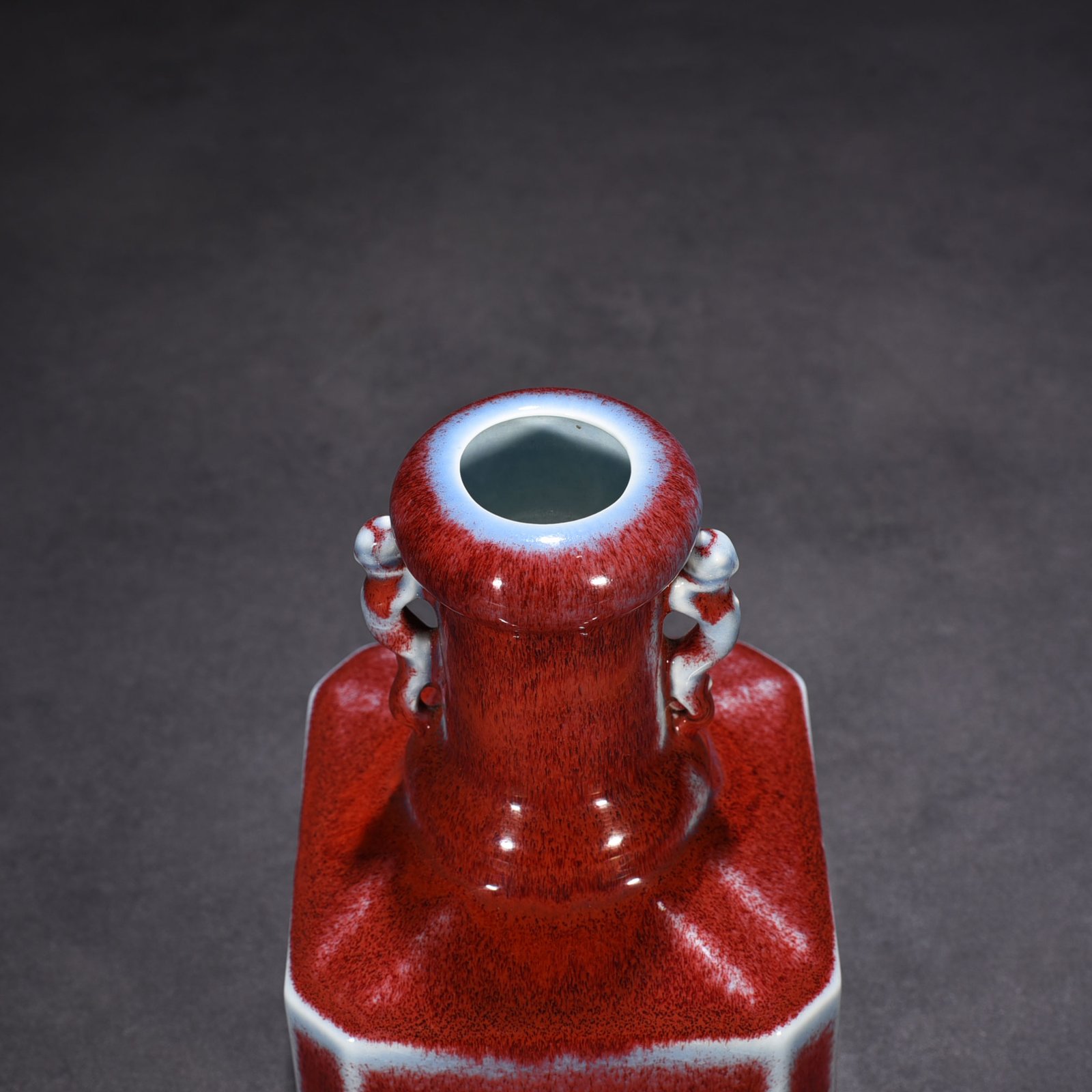 Qing Dynasty Qianlong Festival red glaze kiln-turned double-eared square vase