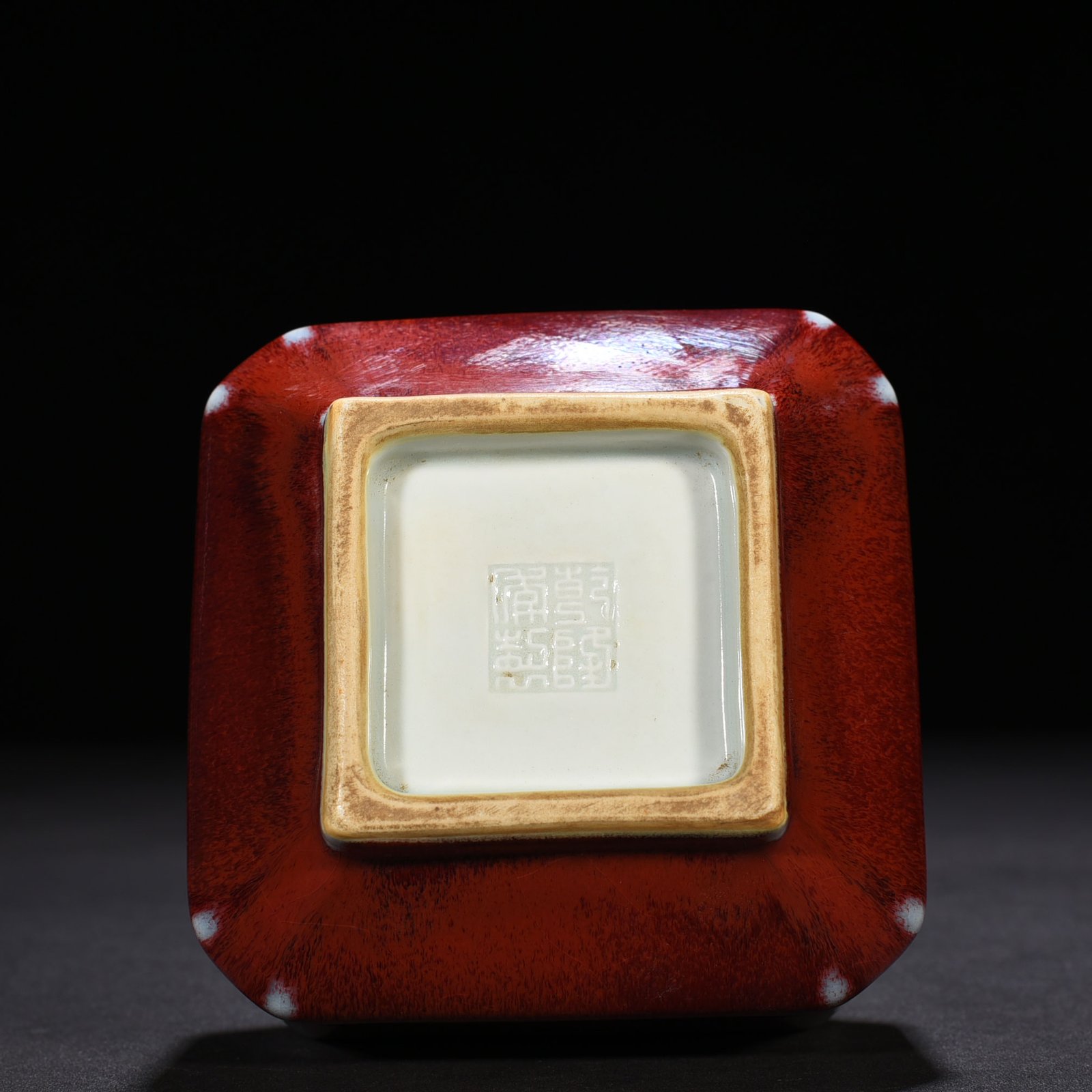 Qing Dynasty Qianlong Festival red glaze kiln-turned double-eared square vase