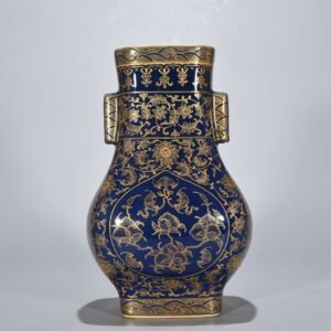 Qing Dynasty Qianlong Festival blue-glazed gold-painted five-blessing holder apricot round ears square vase