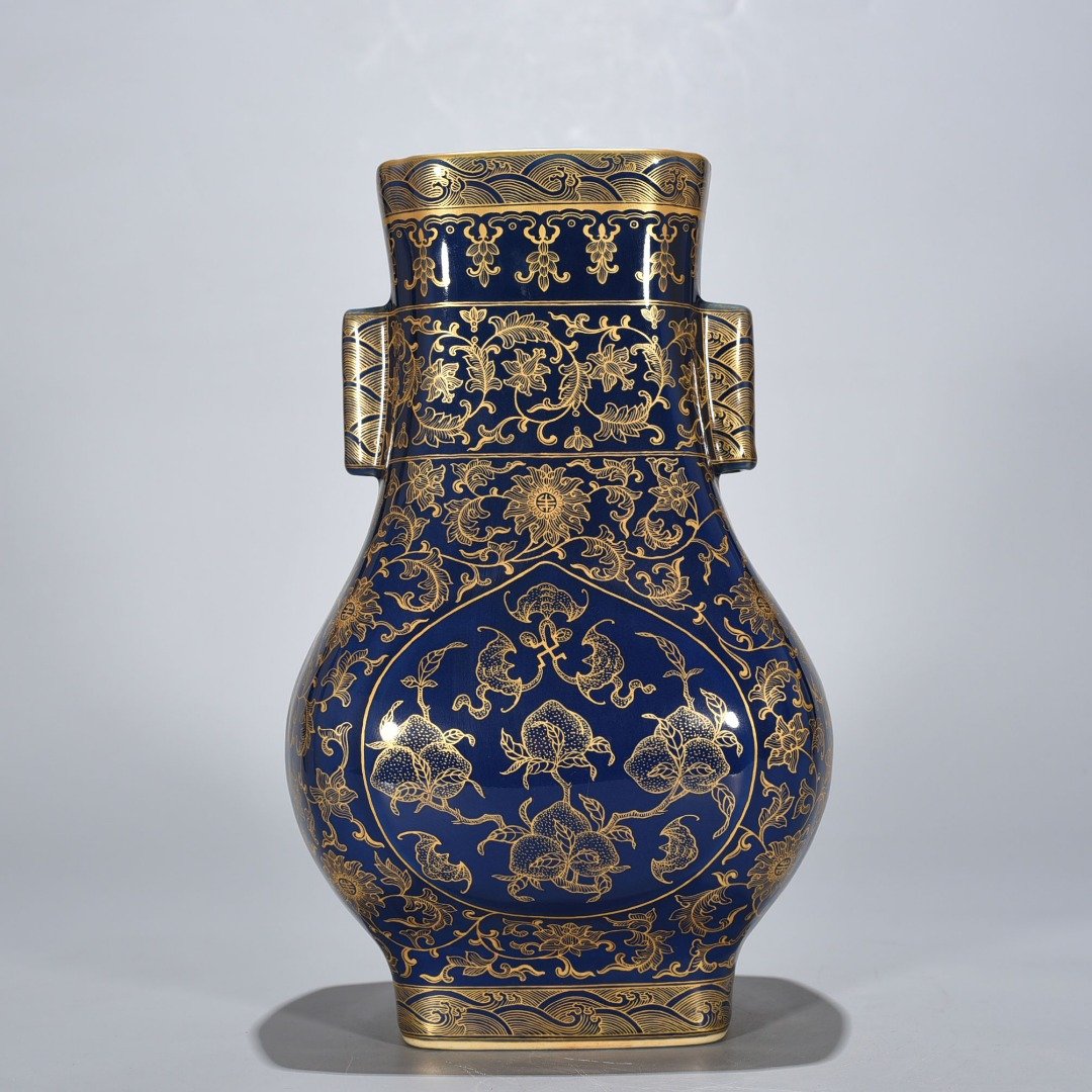 Qing Dynasty Qianlong Festival blue-glazed gold-painted five-blessing holder apricot round ears square vase