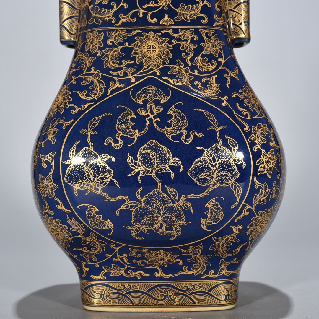 Qing Dynasty Qianlong Festival blue-glazed gold-painted five-blessing holder apricot round ears square vase