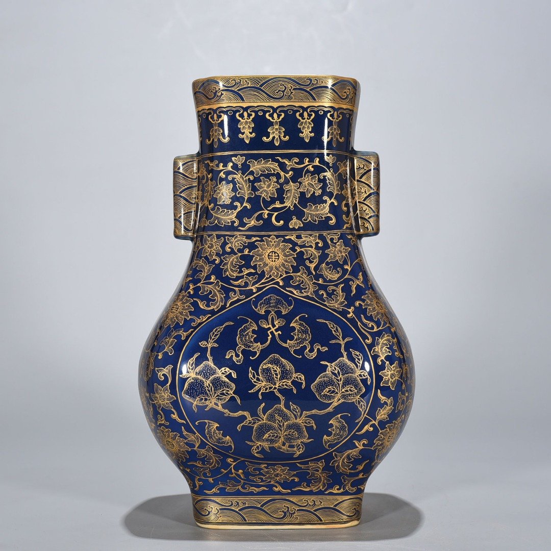 Qing Dynasty Qianlong Festival blue-glazed gold-painted five-blessing holder apricot round ears square vase