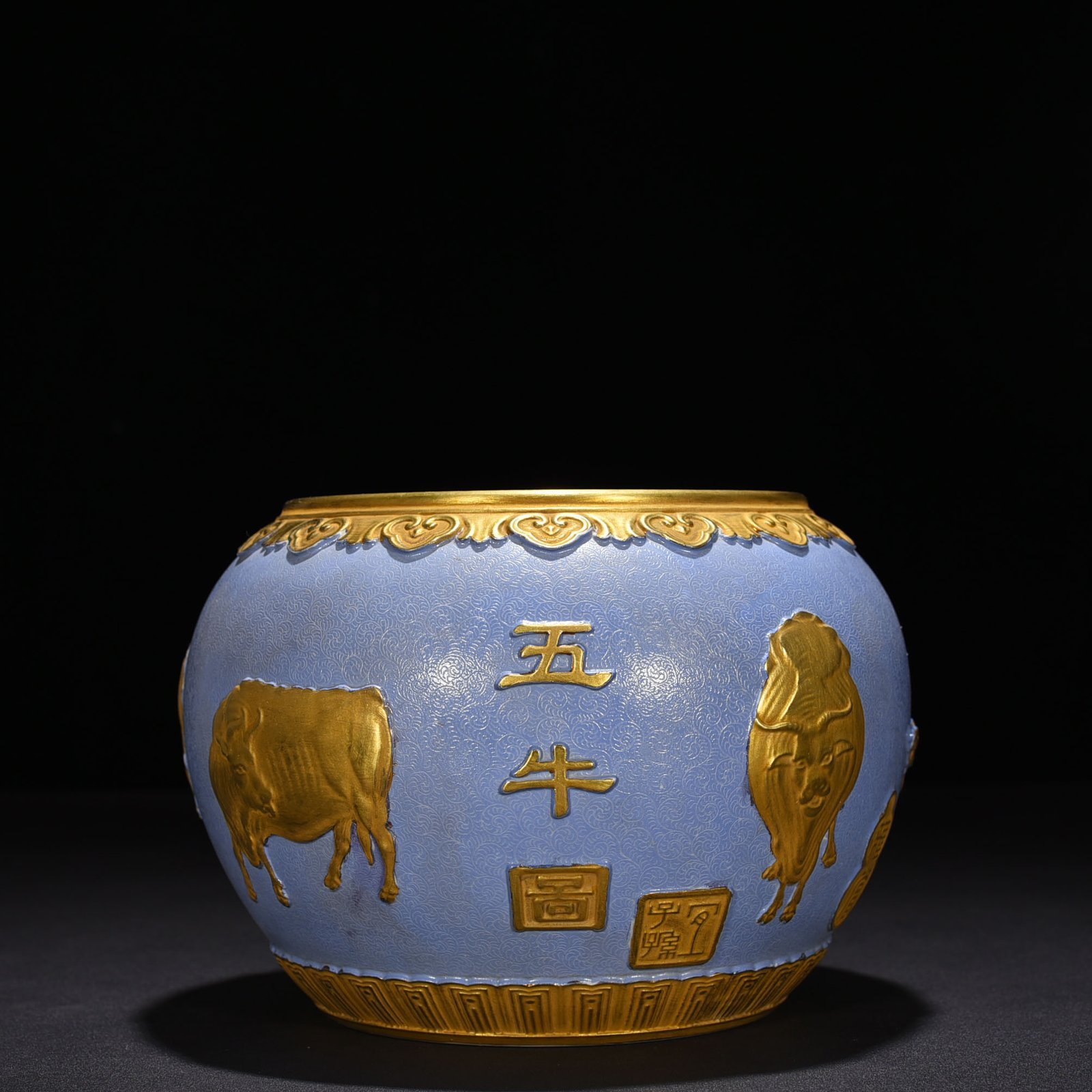Qing Dynasty Qianlong Basket Ground Rolling Road Carving Five Oxen Painting Brush Wash