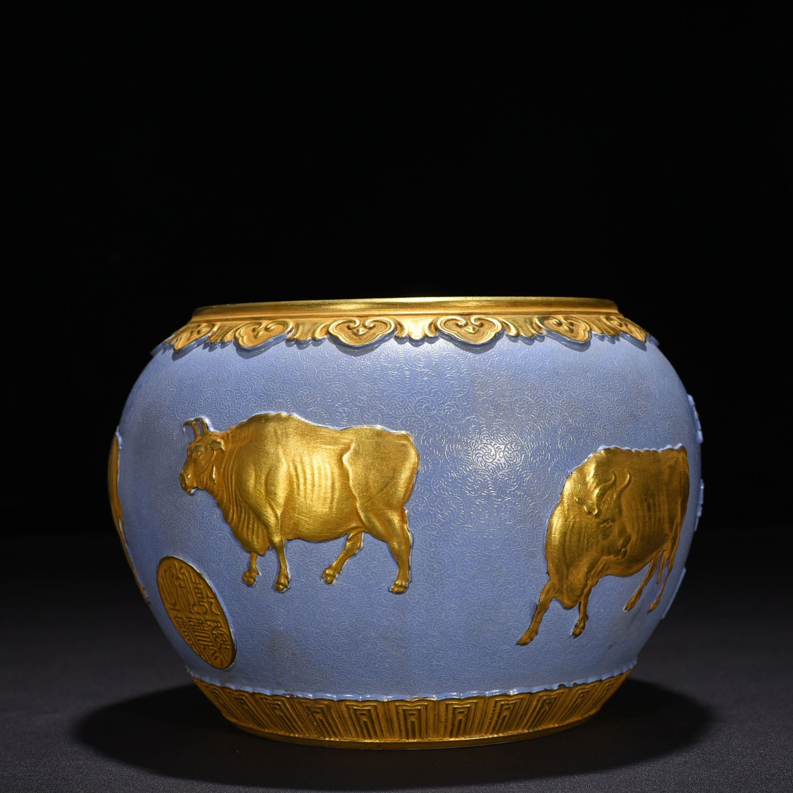 Qing Dynasty Qianlong Basket Ground Rolling Road Carving Five Oxen Painting Brush Wash