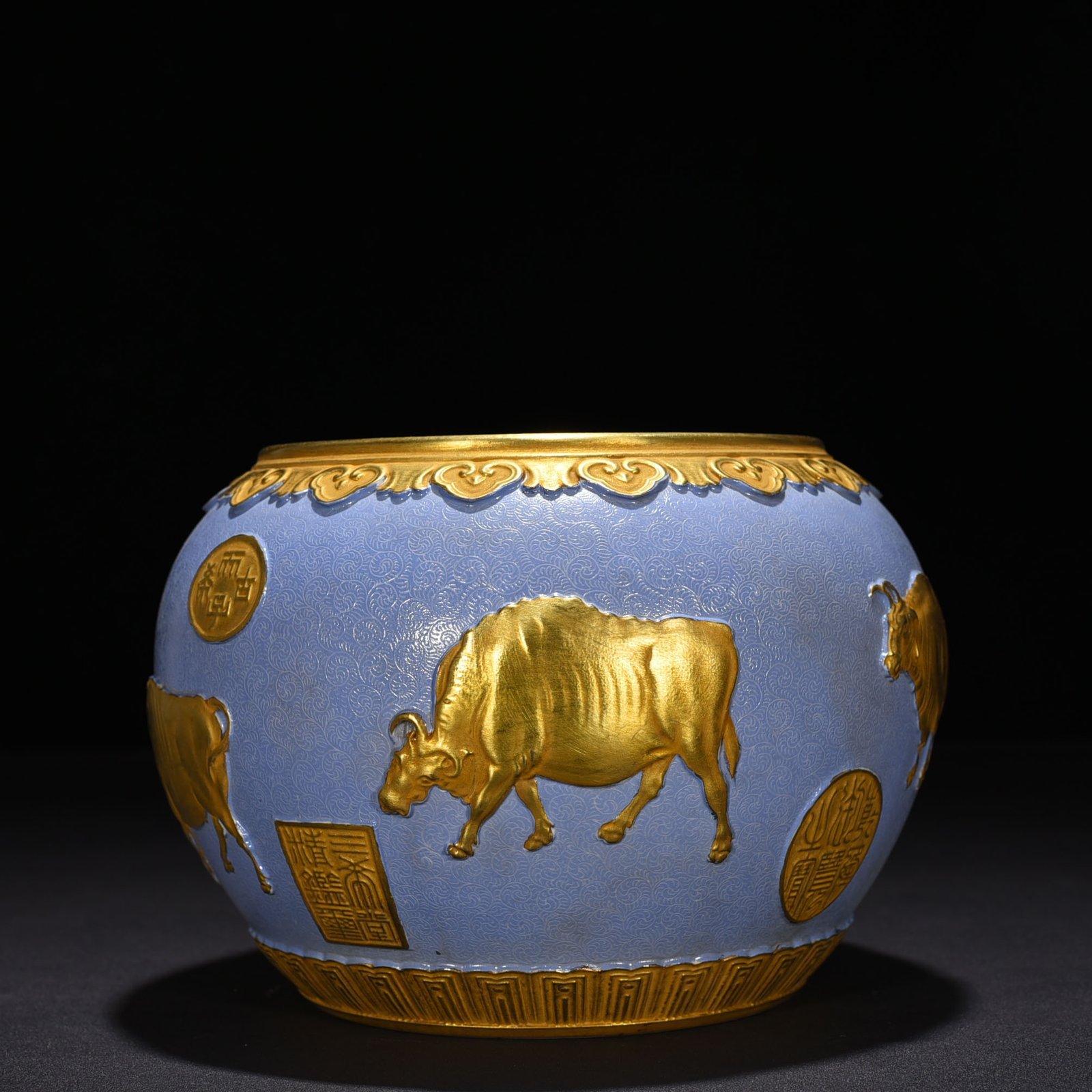 Qing Dynasty Qianlong Basket Ground Rolling Road Carving Five Oxen Painting Brush Wash