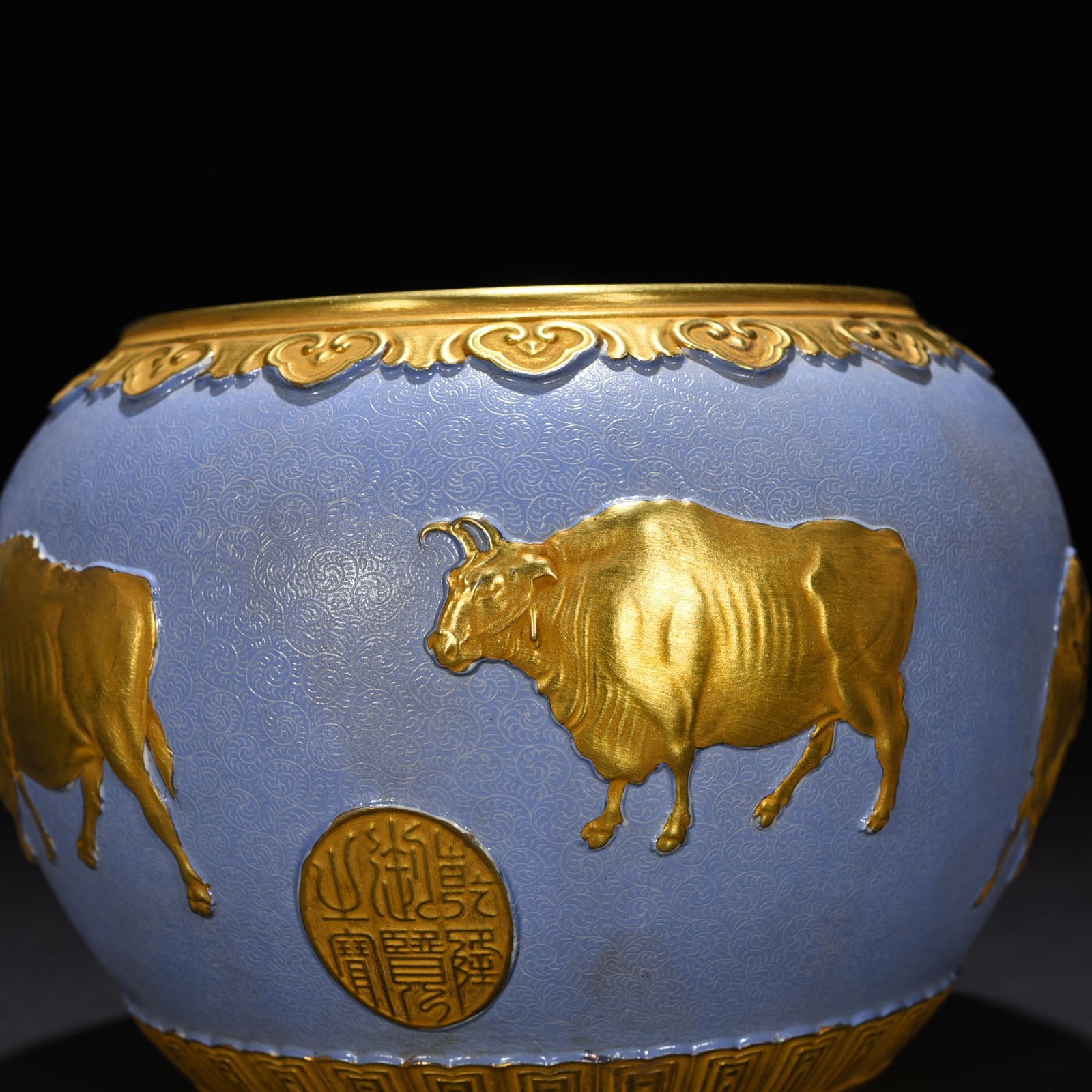 Qing Dynasty Qianlong Basket Ground Rolling Road Carving Five Oxen Painting Brush Wash