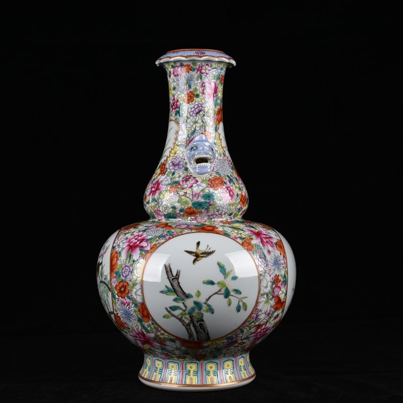 Qing Dynasty Qianlong famille rose flower and bird amphora