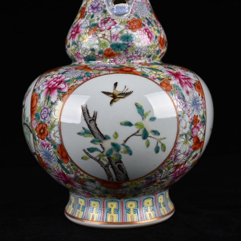 Qing Dynasty Qianlong famille rose flower and bird amphora