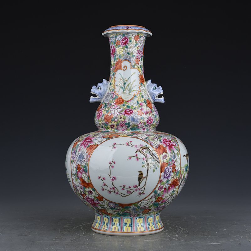 Qing Dynasty Qianlong pastel flower and bird amphora