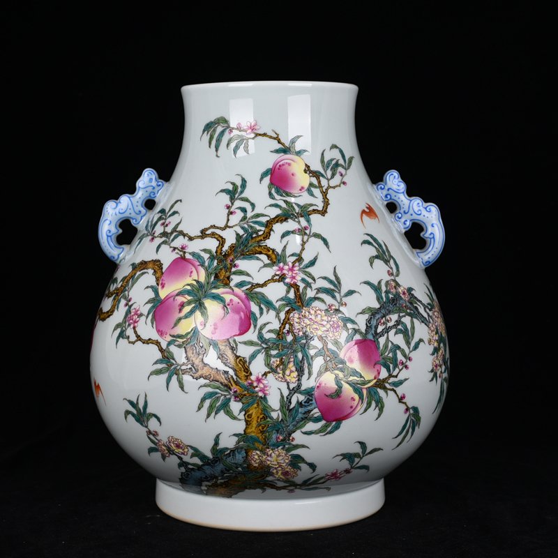 Qing Dynasty Qianlong Pastel Five Blessings Nine Peach Fortune and Longevity Double-Eared Zun
