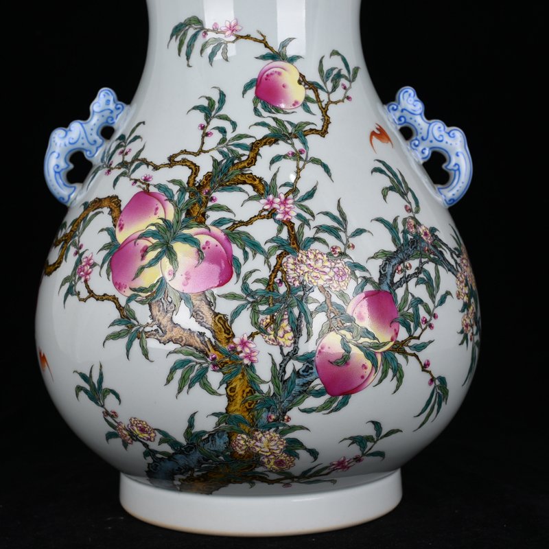 Qing Dynasty Qianlong Pastel Five Blessings Nine Peach Fortune and Longevity Double-Eared Zun