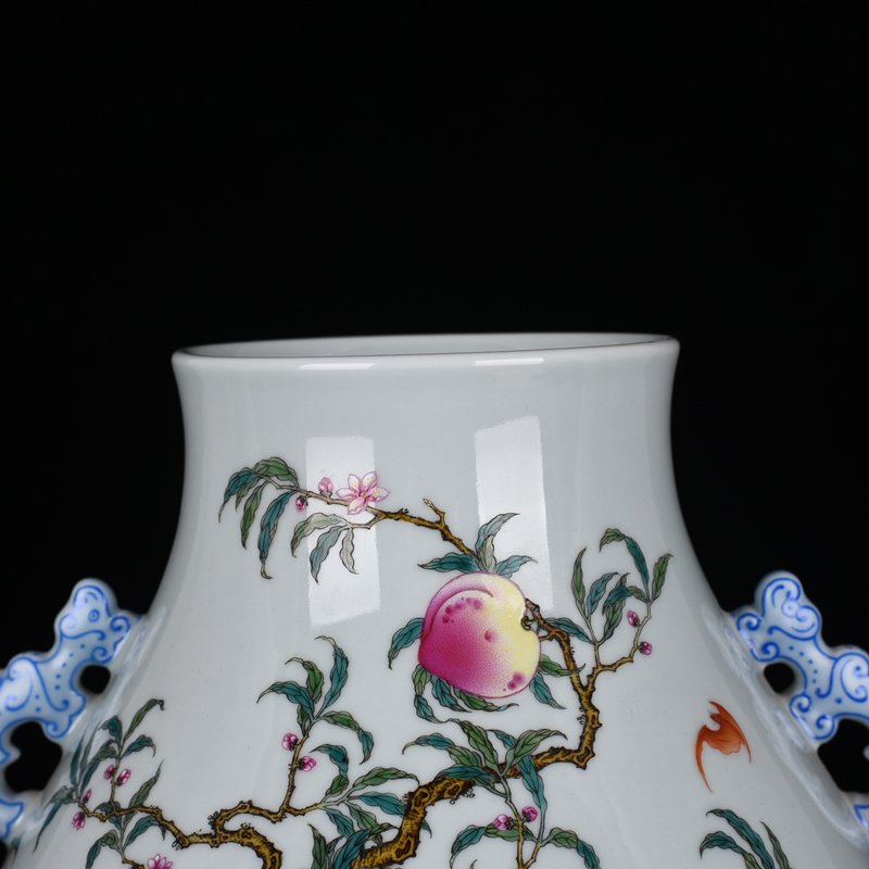 Qing Dynasty Qianlong Pastel Five Blessings Nine Peach Fortune and Longevity Double-Eared Zun