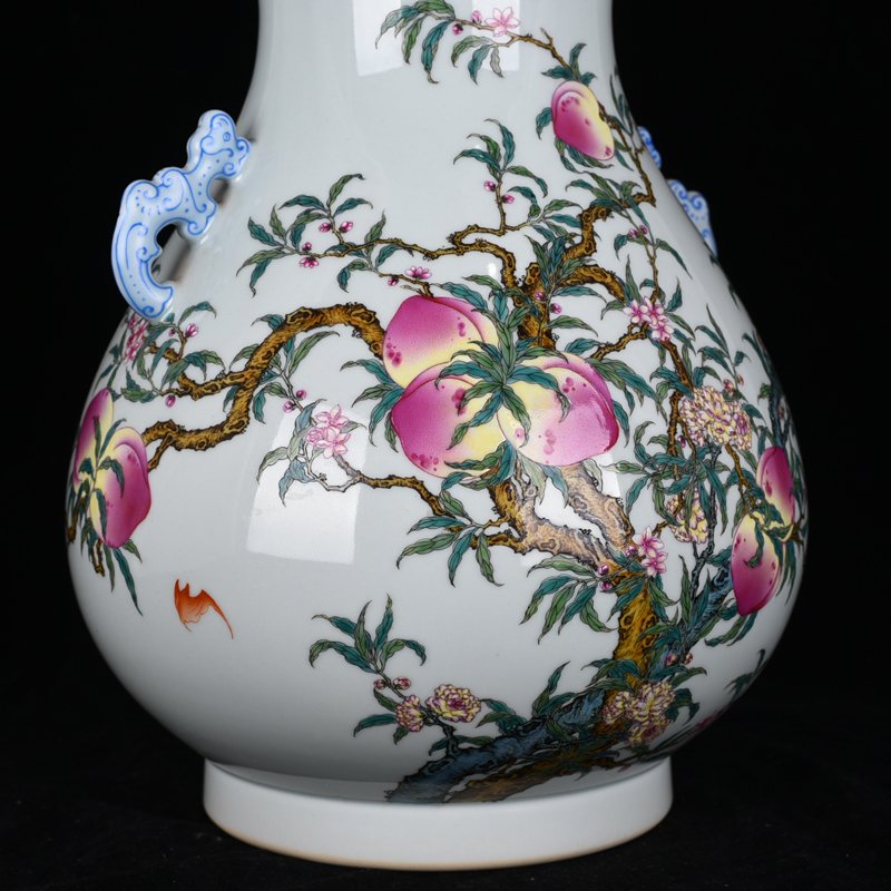 Qing Dynasty Qianlong Pastel Five Blessings Nine Peach Fortune and Longevity Double-Eared Zun