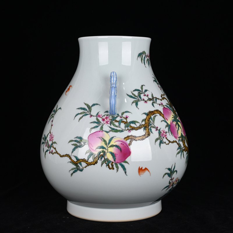 Qing Dynasty Qianlong Pastel Five Blessings Nine Peach Fortune and Longevity Double-Eared Zun