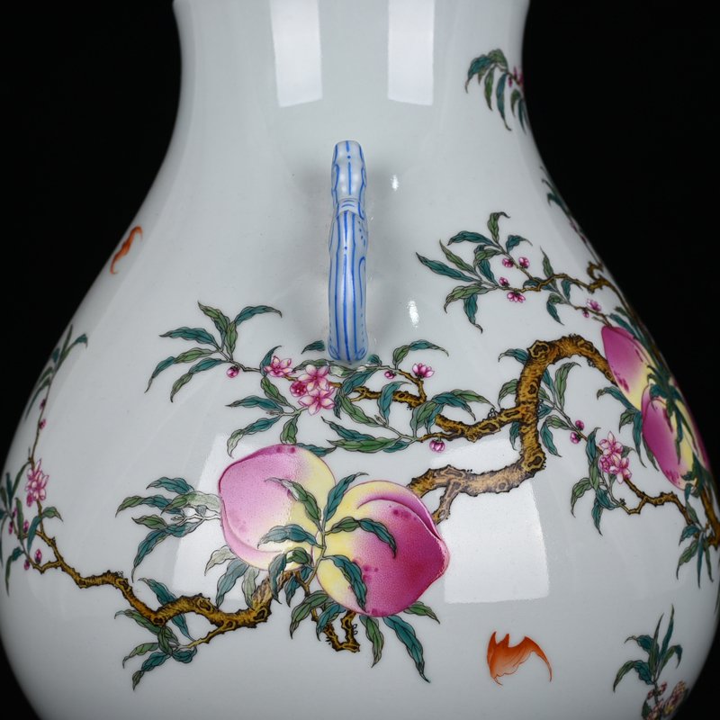 Qing Dynasty Qianlong Pastel Five Blessings Nine Peach Fortune and Longevity Double-Eared Zun