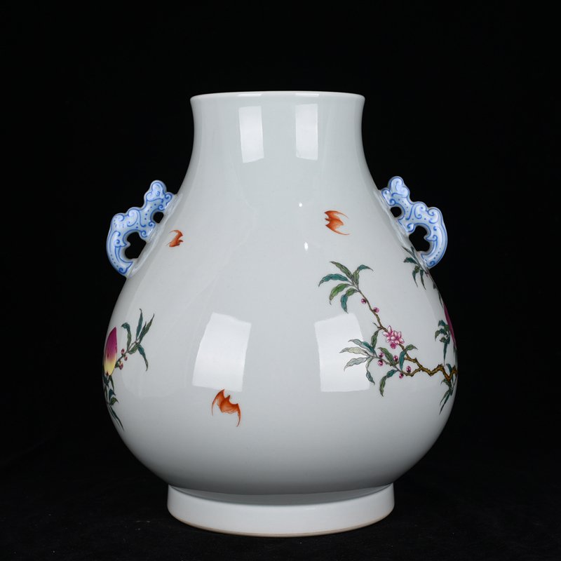 Qing Dynasty Qianlong Pastel Five Blessings Nine Peach Fortune and Longevity Double-Eared Zun
