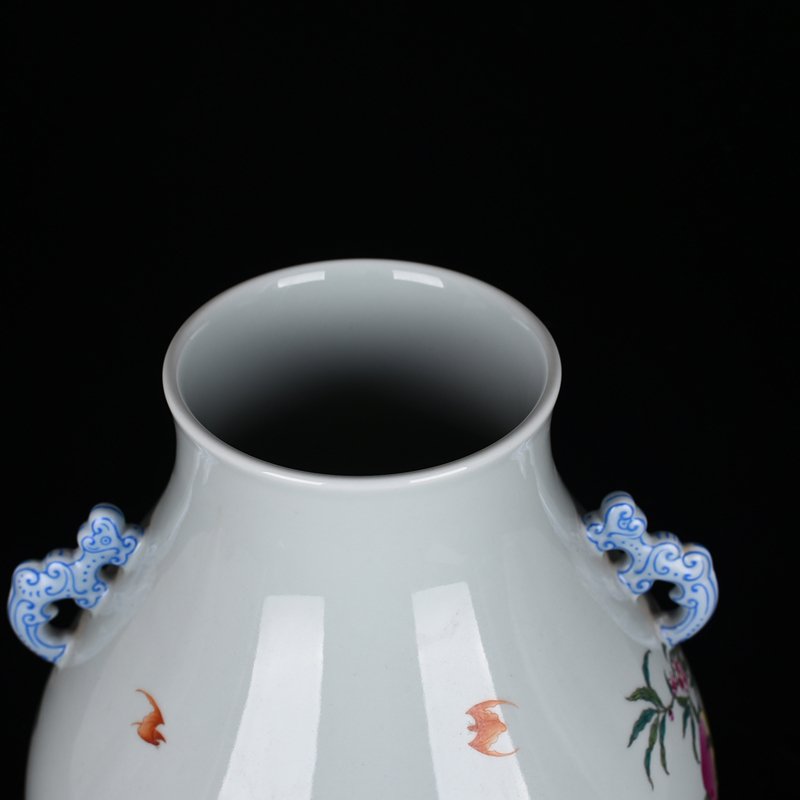 Qing Dynasty Qianlong Pastel Five Blessings Nine Peach Fortune and Longevity Double-Eared Zun