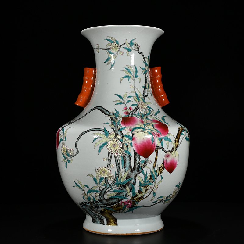 Qing Dynasty Qianlong famille rose Five Blessings Nine Peach Fushou Guaner vase