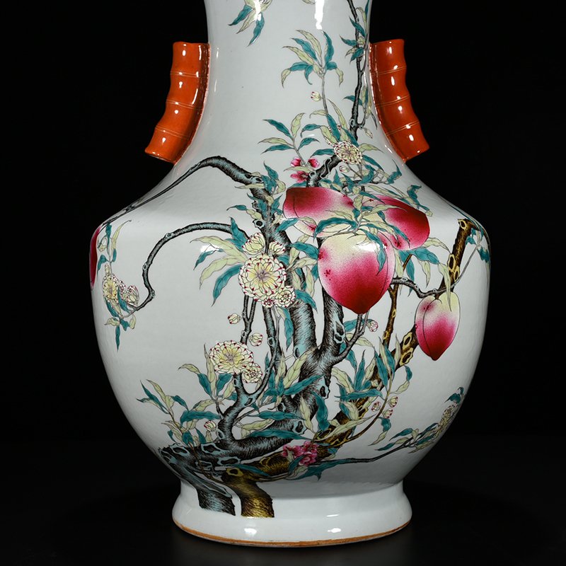 Qing Dynasty Qianlong famille rose Five Blessings Nine Peach Fushou Guaner vase