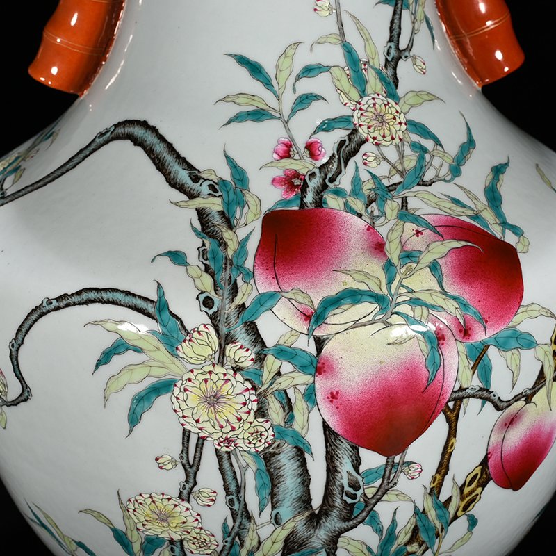 Qing Dynasty Qianlong famille rose Five Blessings Nine Peach Fushou Guaner vase