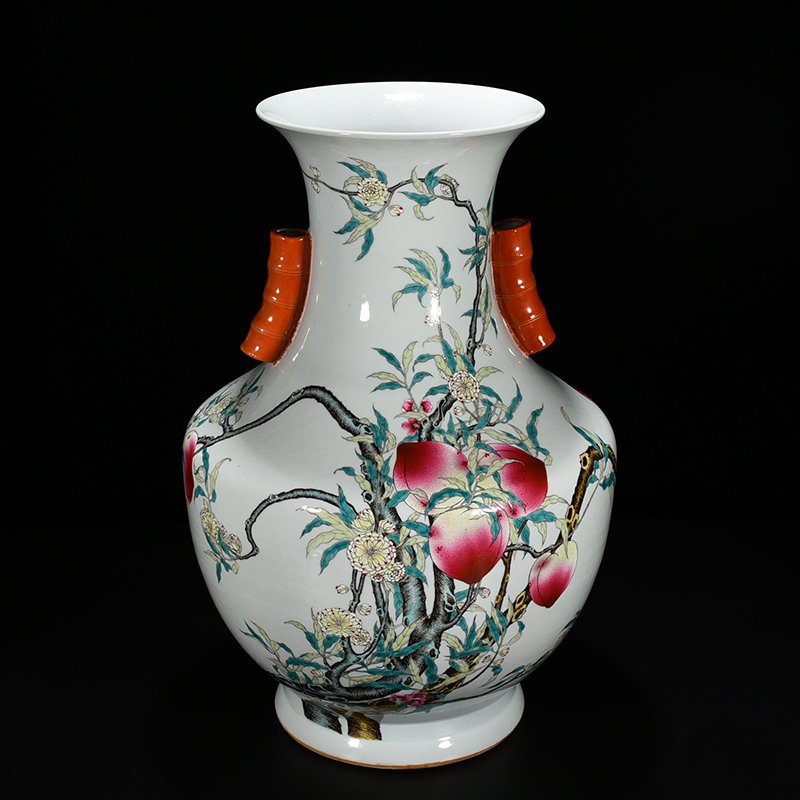 Qing Dynasty Qianlong famille rose Five Blessings Nine Peach Fushou Guaner vase
