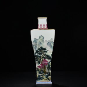 Qing Dynasty Qianlong pastel figure landscape pavilion square plum vase
