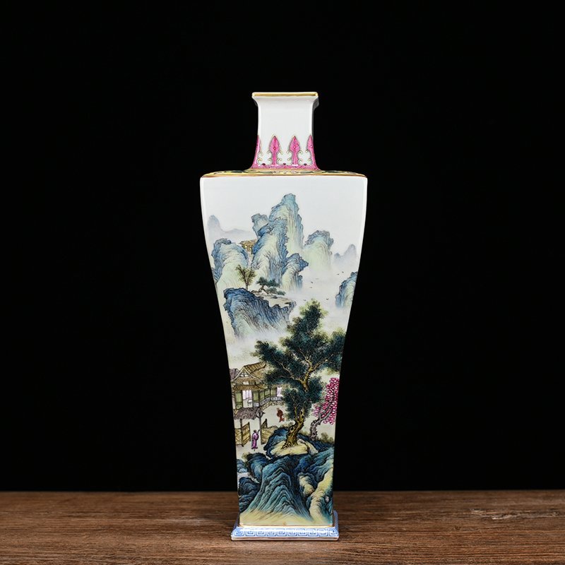 Qing Dynasty Qianlong pastel figure landscape pavilion square plum vase