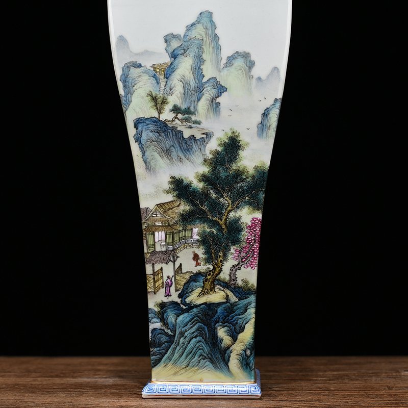 Qing Dynasty Qianlong pastel figure landscape pavilion square plum vase