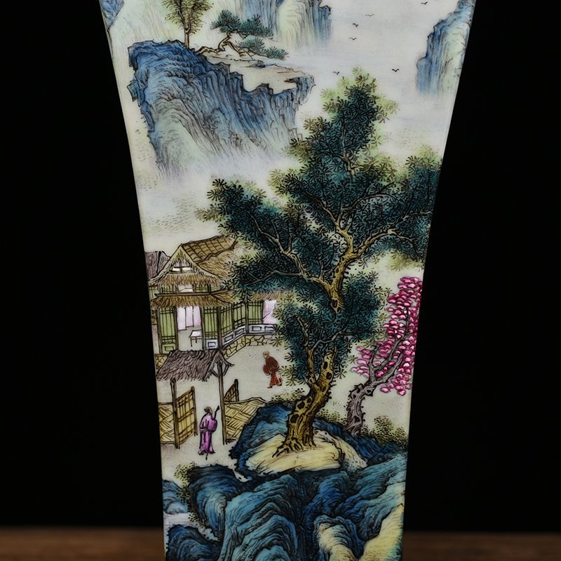 Qing Dynasty Qianlong pastel figure landscape pavilion square plum vase