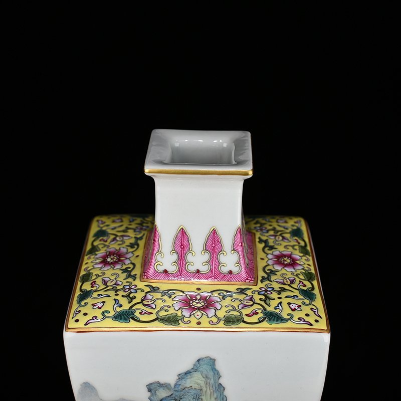 Qing Dynasty Qianlong pastel figure landscape pavilion square plum vase