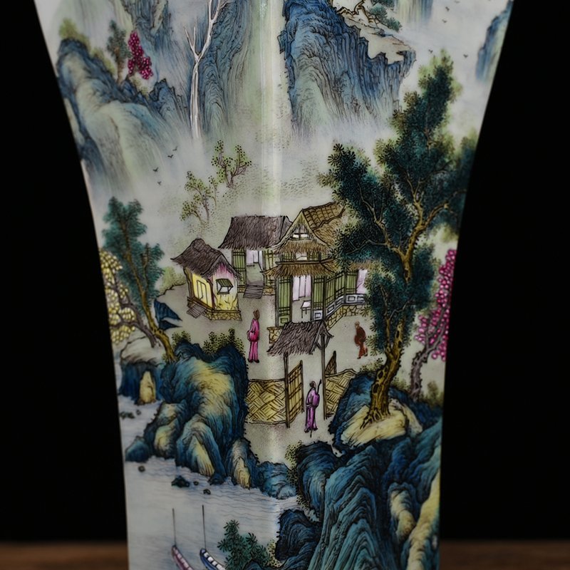 Qing Dynasty Qianlong pastel figure landscape pavilion square plum vase