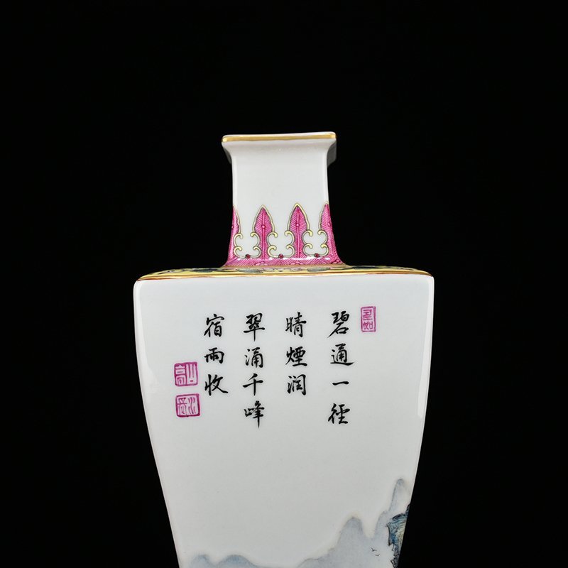 Qing Dynasty Qianlong pastel figure landscape pavilion square plum vase