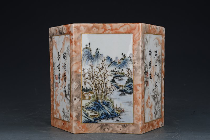 Qing Dynasty Qianlong pastel imitation stone pattern consecrated landscape poetry pen holder