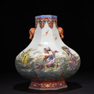 Qing Dynasty Qianlong pastel elephant ear vase with eight immortals crossing the sea