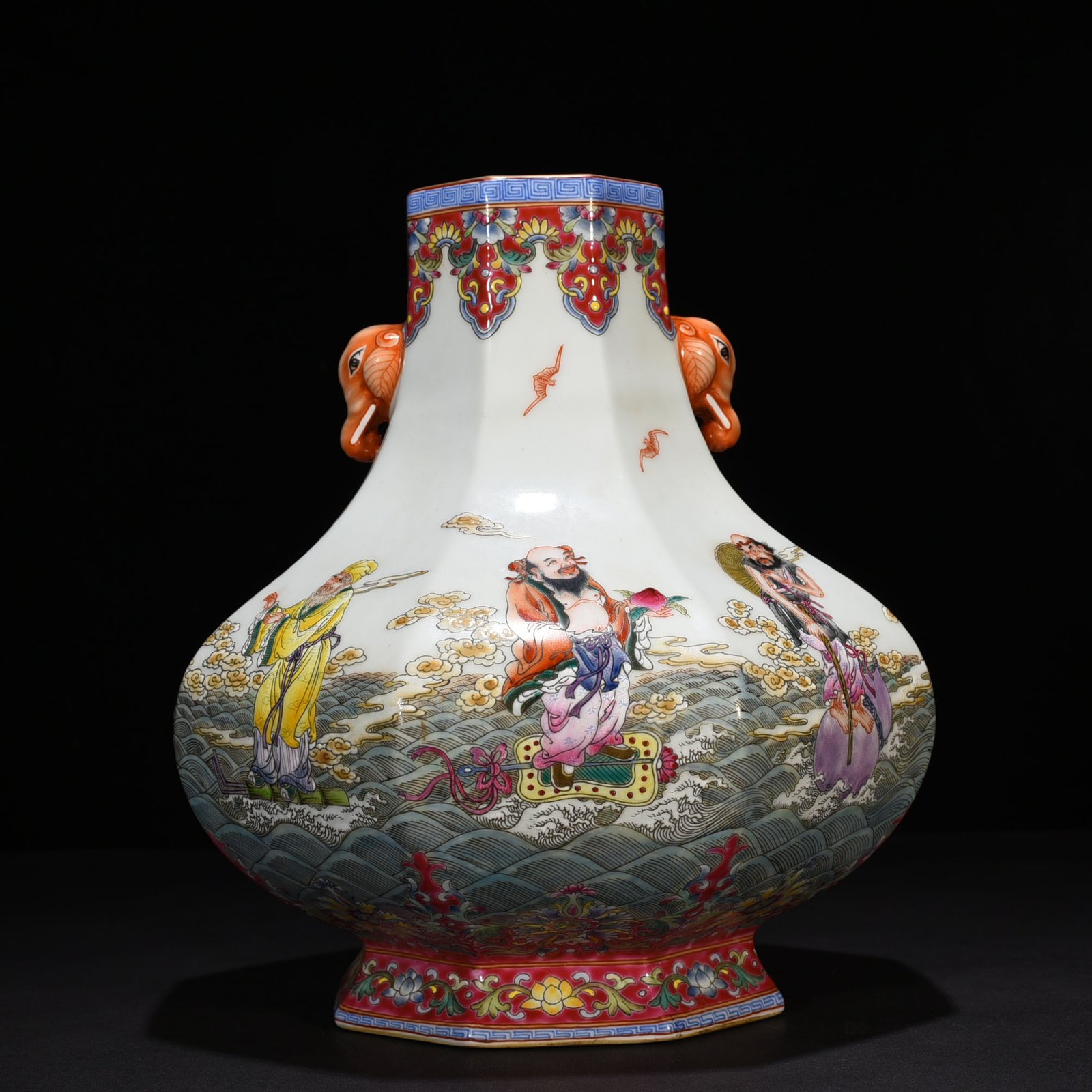 Qing Dynasty Qianlong pastel elephant ear vase with eight immortals crossing the sea
