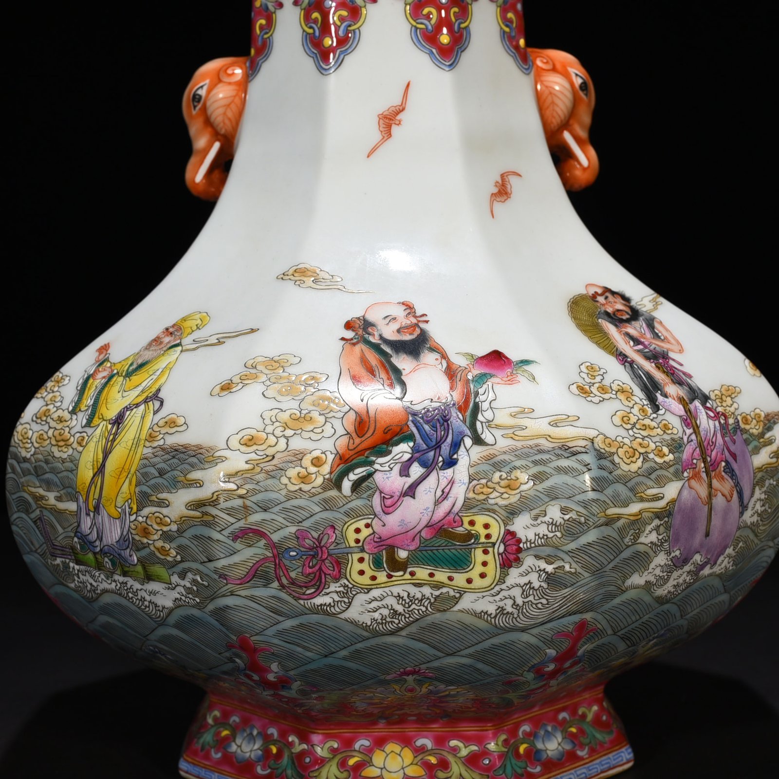 Qing Dynasty Qianlong pastel elephant ear vase with eight immortals crossing the sea