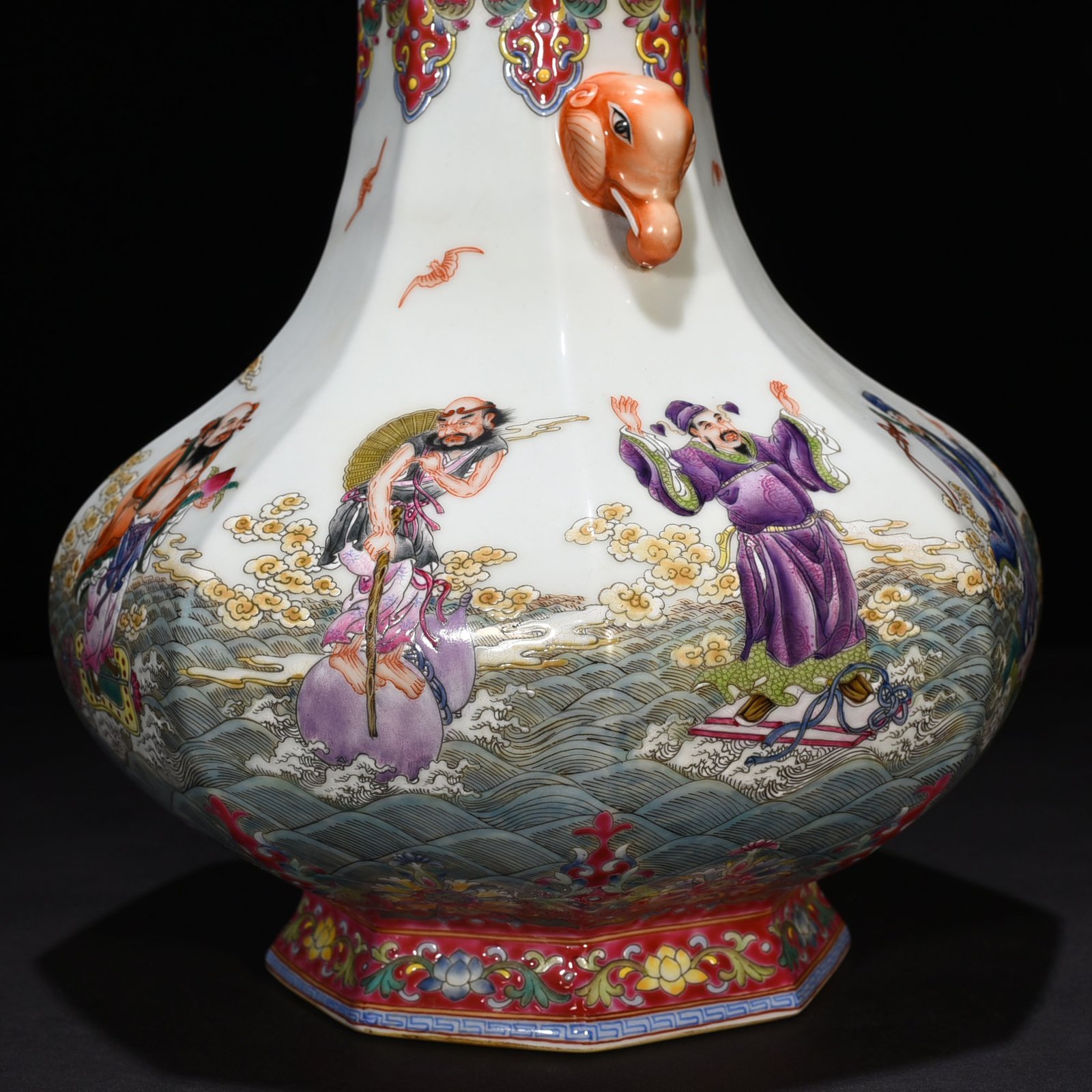 Qing Dynasty Qianlong pastel elephant ear vase with eight immortals crossing the sea