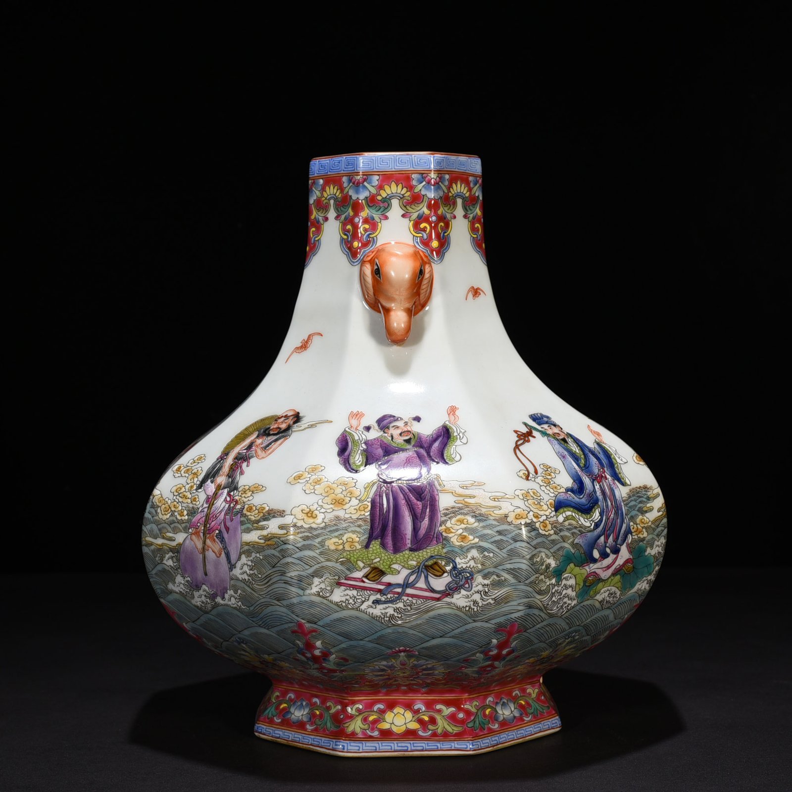Qing Dynasty Qianlong pastel elephant ear vase with eight immortals crossing the sea