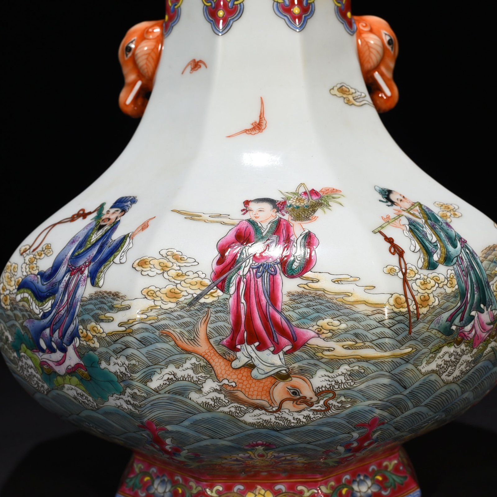 Qing Dynasty Qianlong pastel elephant ear vase with eight immortals crossing the sea