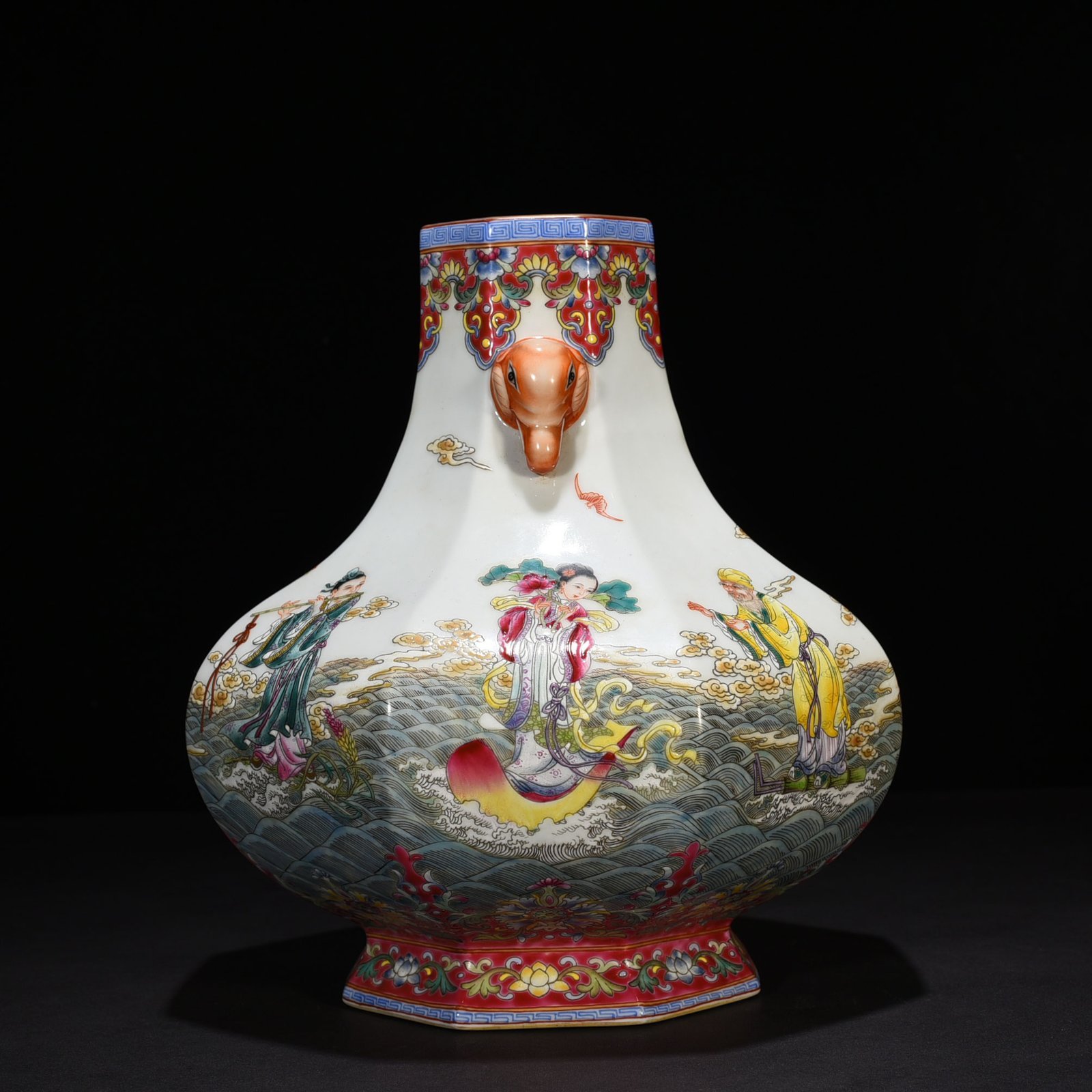 Qing Dynasty Qianlong pastel elephant ear vase with eight immortals crossing the sea