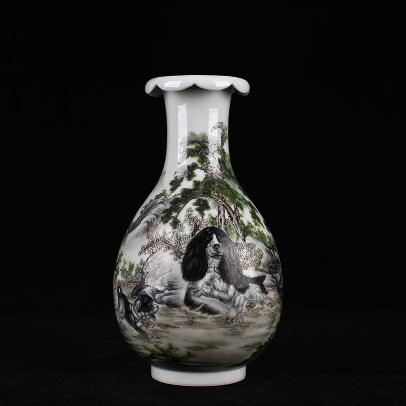 Qing Dynasty Qianlong pastel double dog pattern turned-mouth bottle
