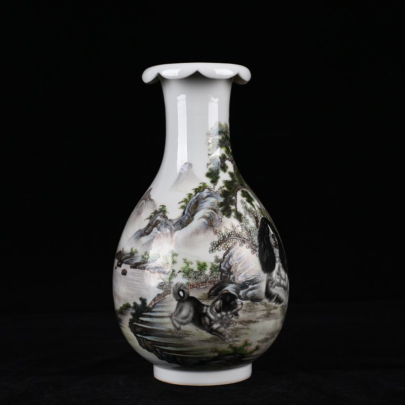 Qing Dynasty Qianlong pastel double dog pattern turned-mouth bottle