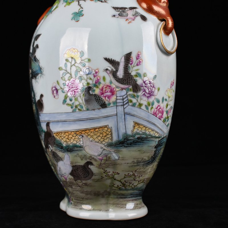 Qing Dynasty Qianlong pastel peace and wealth flower and bird amphorae
