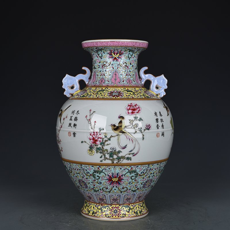 Qing Dynasty Qianlong pastel amphorae with four seasons flower and bird patterns
