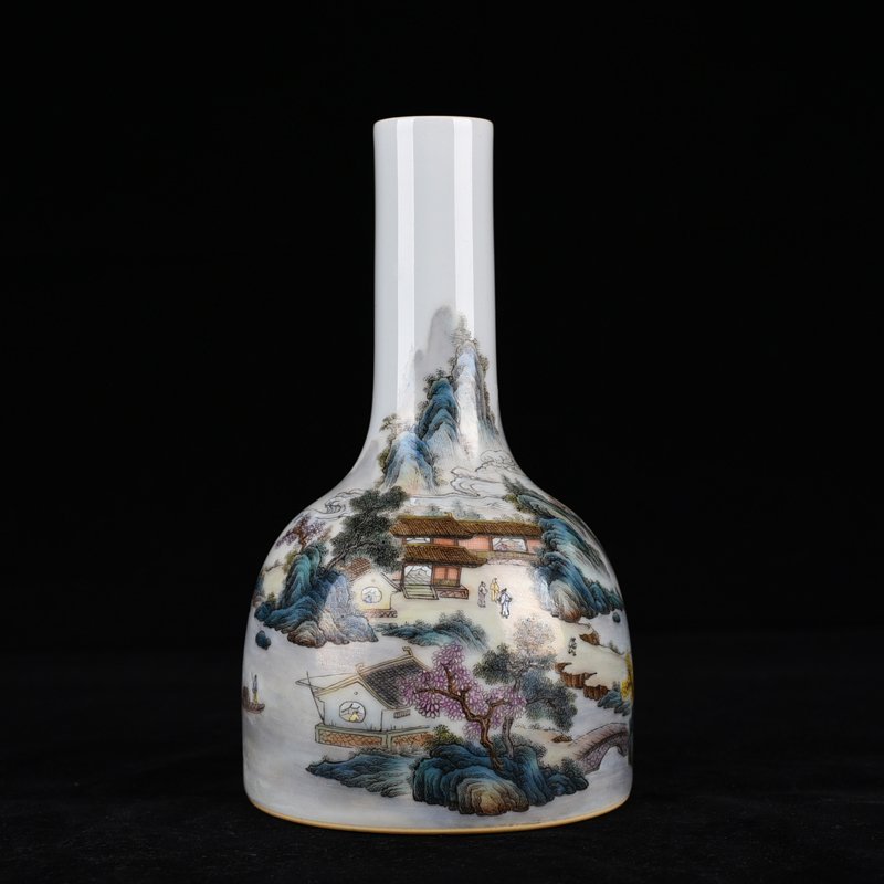 Qing Dynasty Qianlong pastel landscape figure pavilion rattle bell vase