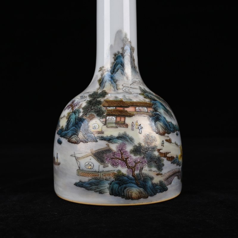 Qing Dynasty Qianlong pastel landscape figure pavilion rattle bell vase